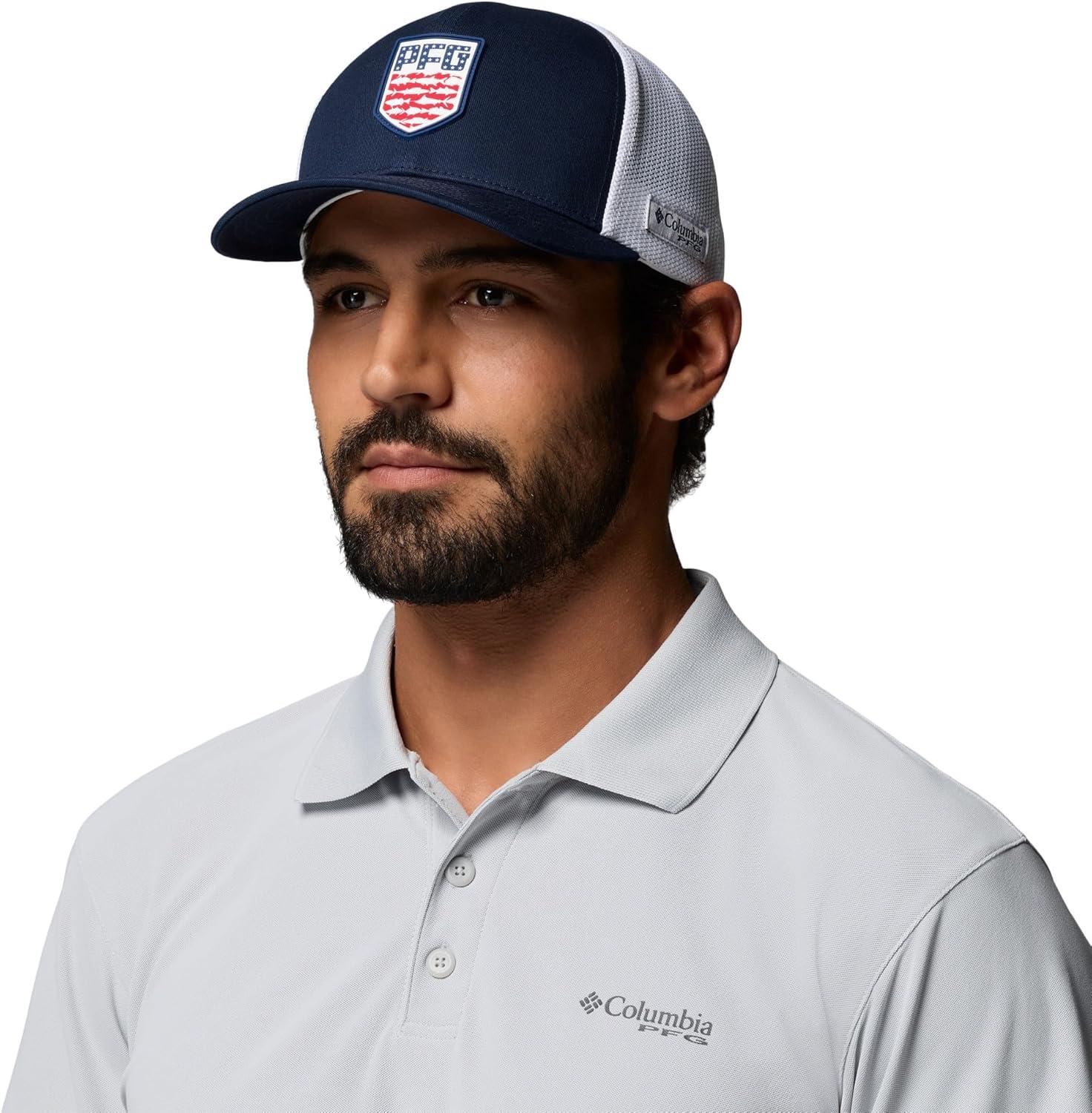 imageColumbia Unisex PFG Mesh 3D Stretch Snap BackCollegiate NavyAmericana Badge