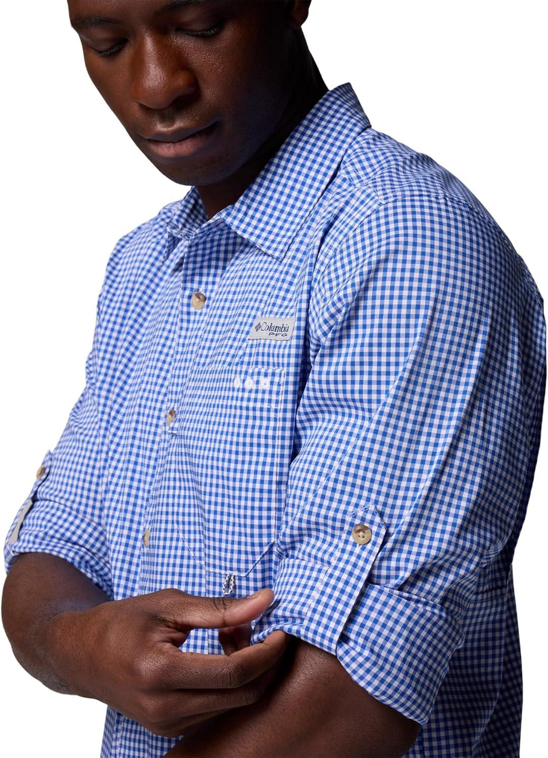 imageColumbia Mens PFG Harbor Peak Long Sleeve ShirtVivid Blue Micro Gingham