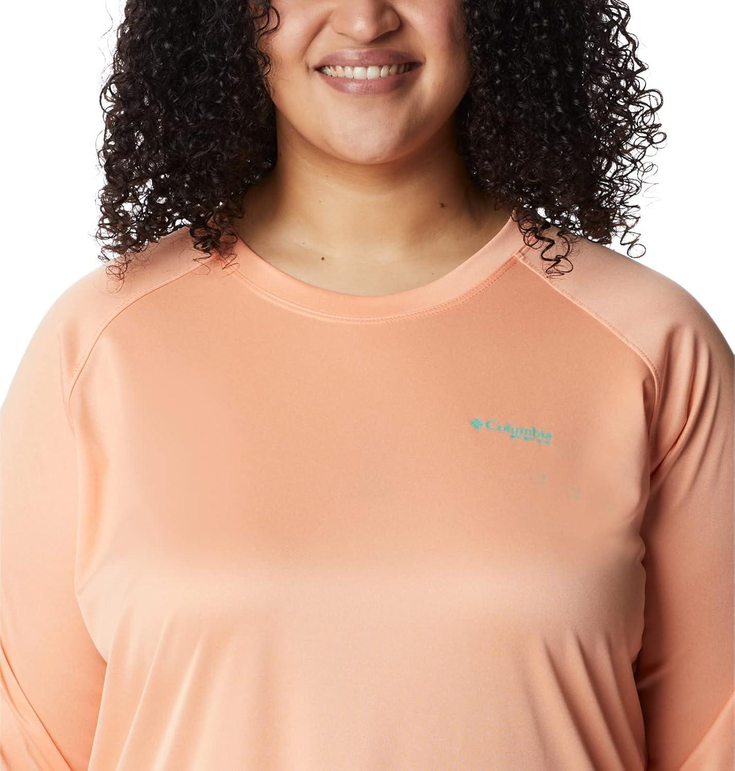 imageColumbia Womens Tidal Tee II Long Sleeve HoodieBright Nectar HeatherElectric Turquoise Logo