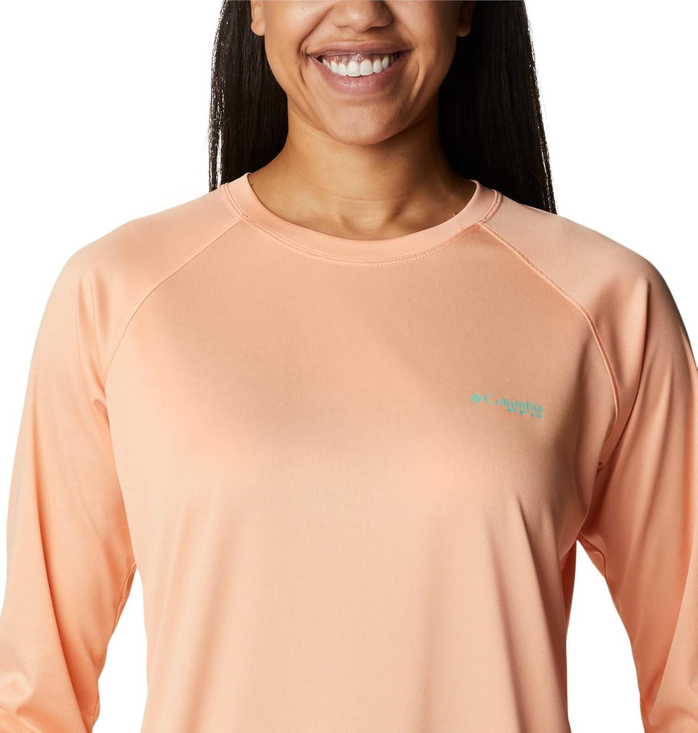 imageColumbia Womens Tidal Tee II Long Sleeve HoodieBright Nectar HeatherElectric Turquoise Logo