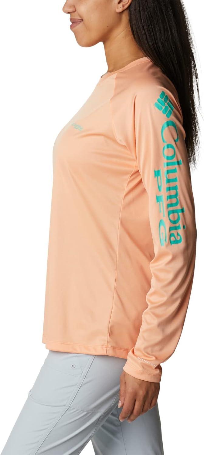 imageColumbia Womens Tidal Tee II Long Sleeve HoodieBright Nectar HeatherElectric Turquoise Logo
