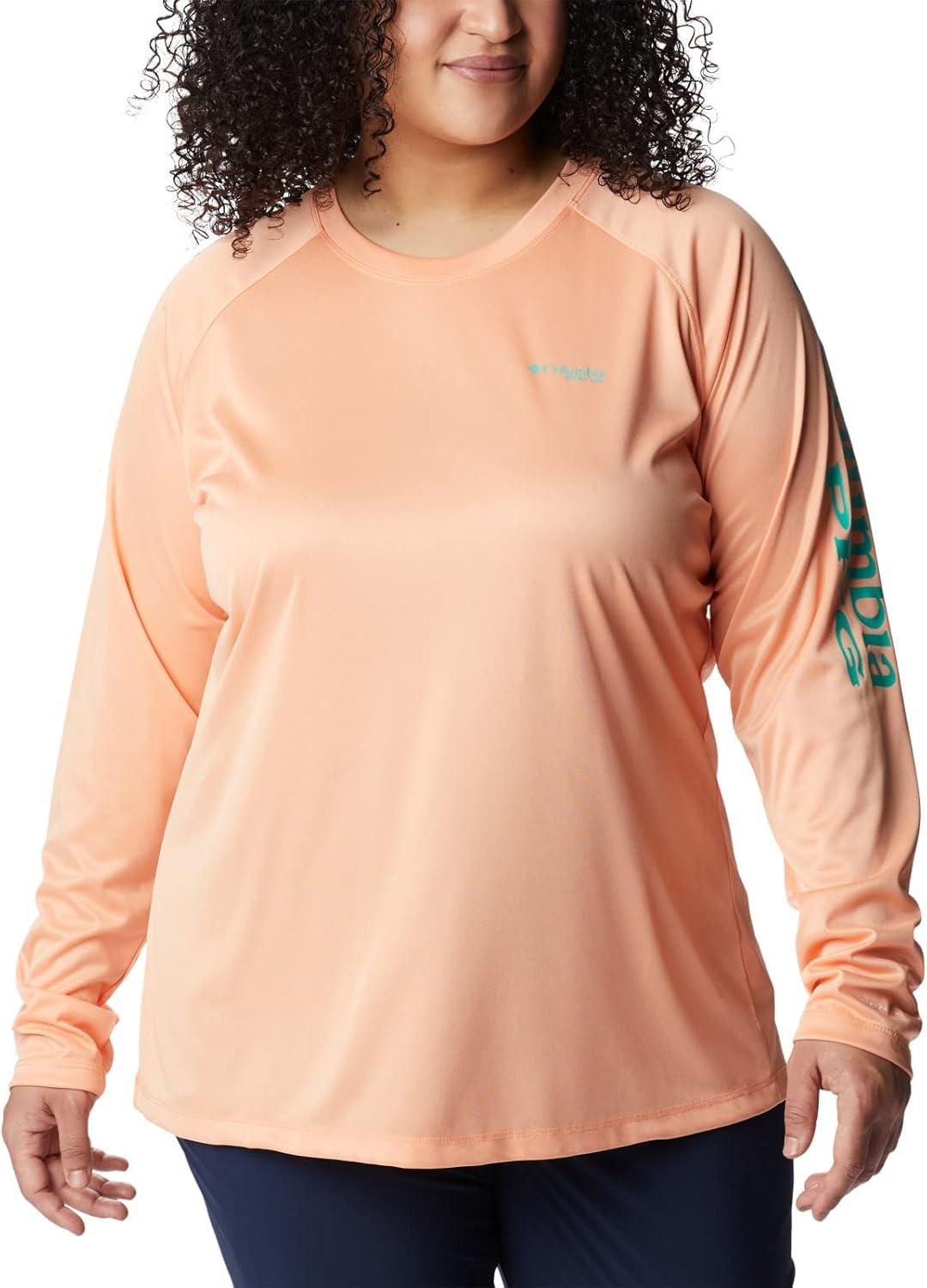 imageColumbia Womens Tidal Tee II Long Sleeve HoodieBright Nectar HeatherElectric Turquoise Logo