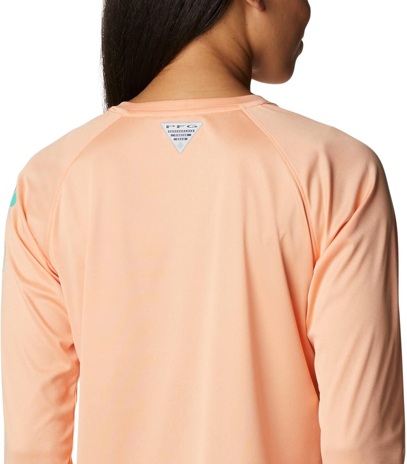 imageColumbia Womens Tidal Tee II Long Sleeve HoodieBright Nectar HeatherElectric Turquoise Logo