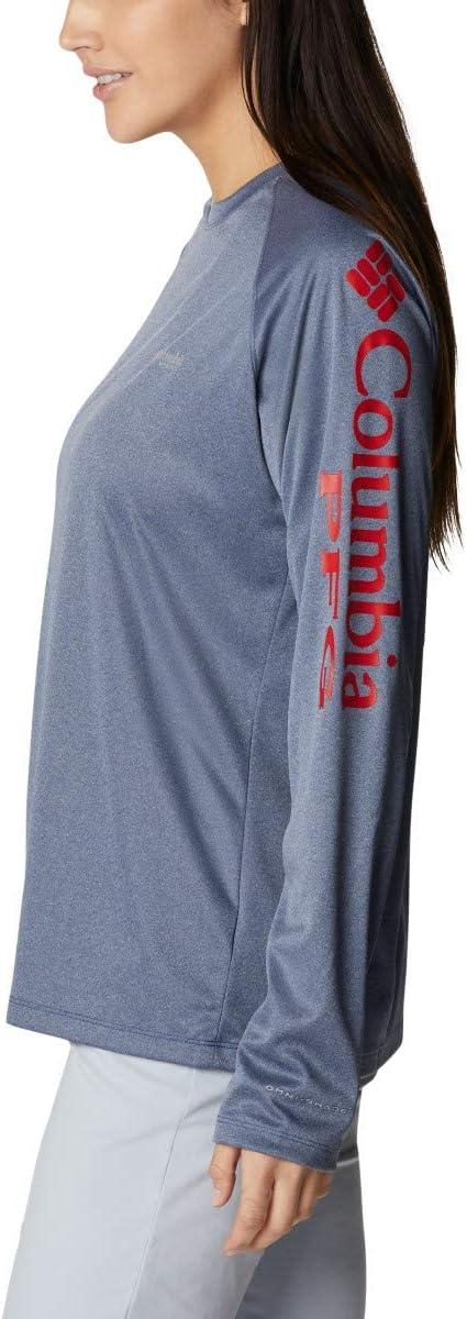 imageColumbia Womens Tidal Tee II Long Sleeve HoodieCarbon HeatherRed Spark Logo