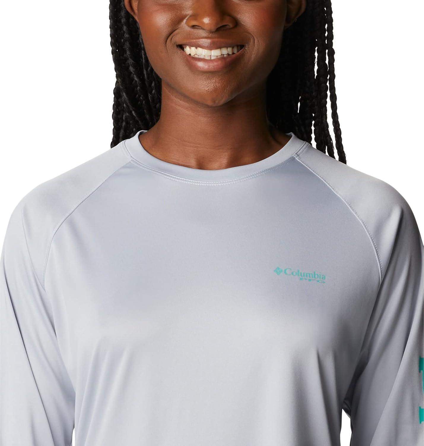 imageColumbia Womens Tidal Tee II Long Sleeve HoodieCirrus GreyElectric Turquoise Logo