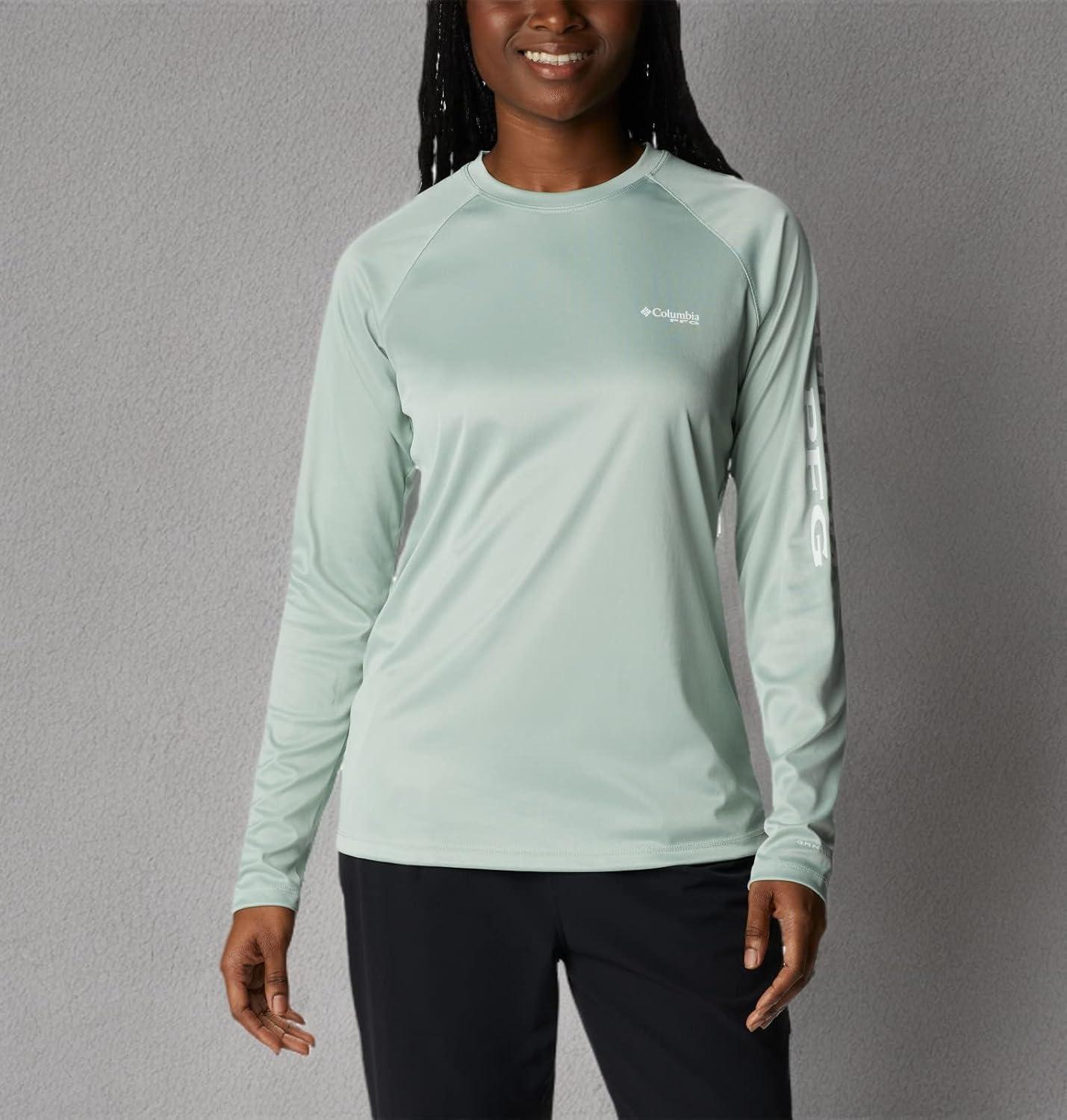 imageColumbia Womens Tidal Tee II Long Sleeve HoodieCool Green HeatherWhite Logo