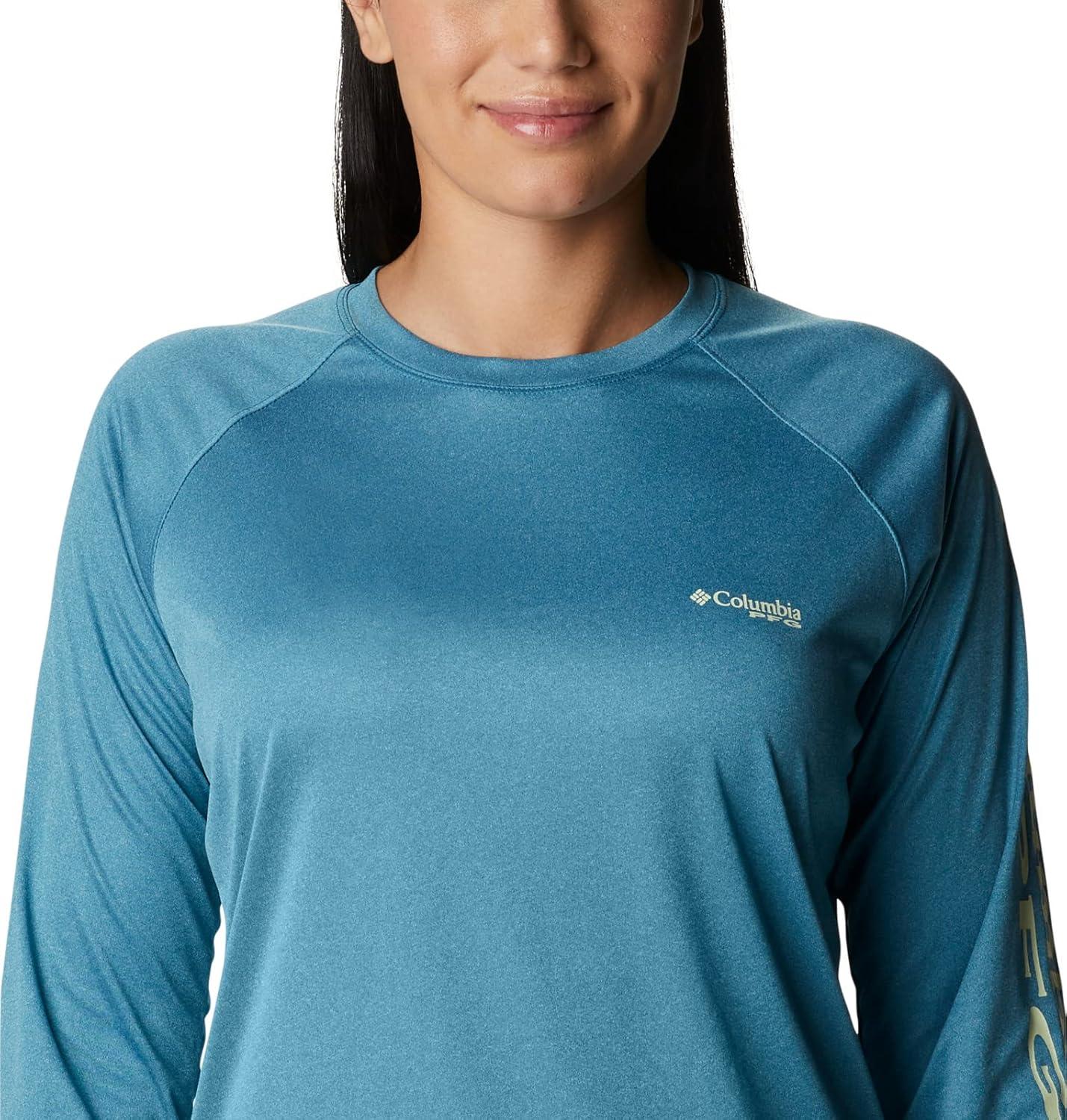 imageColumbia Womens Tidal Tee II Long Sleeve HoodieDeep Marine HeatherLight Lime Logo