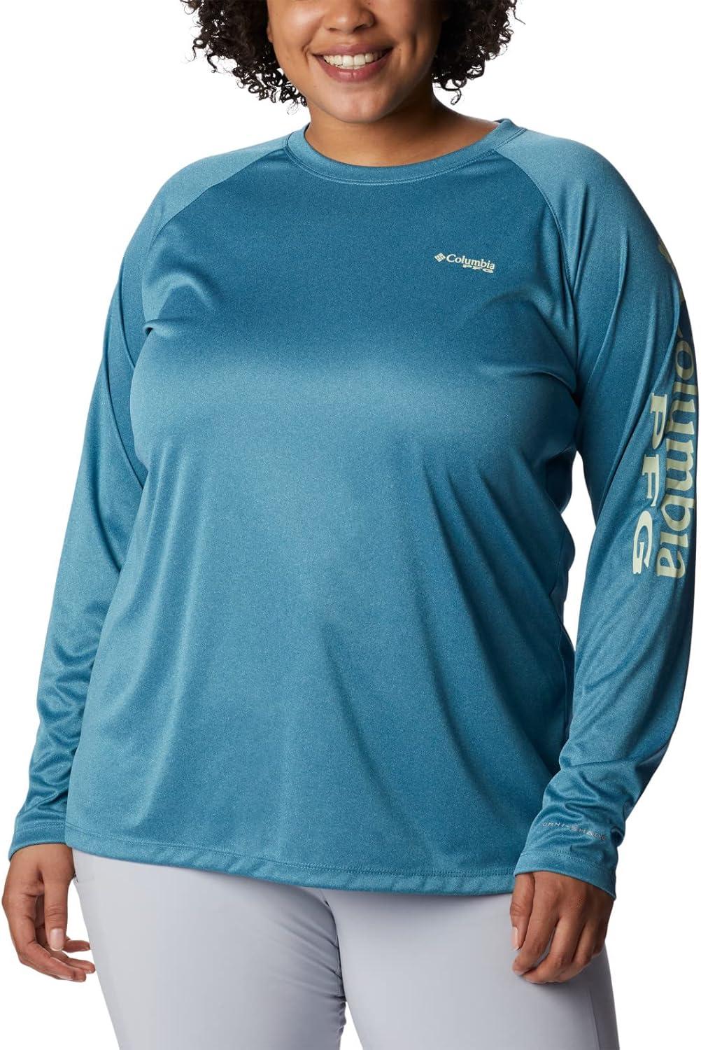 imageColumbia Womens Tidal Tee II Long Sleeve HoodieDeep Marine HeatherLight Lime Logo