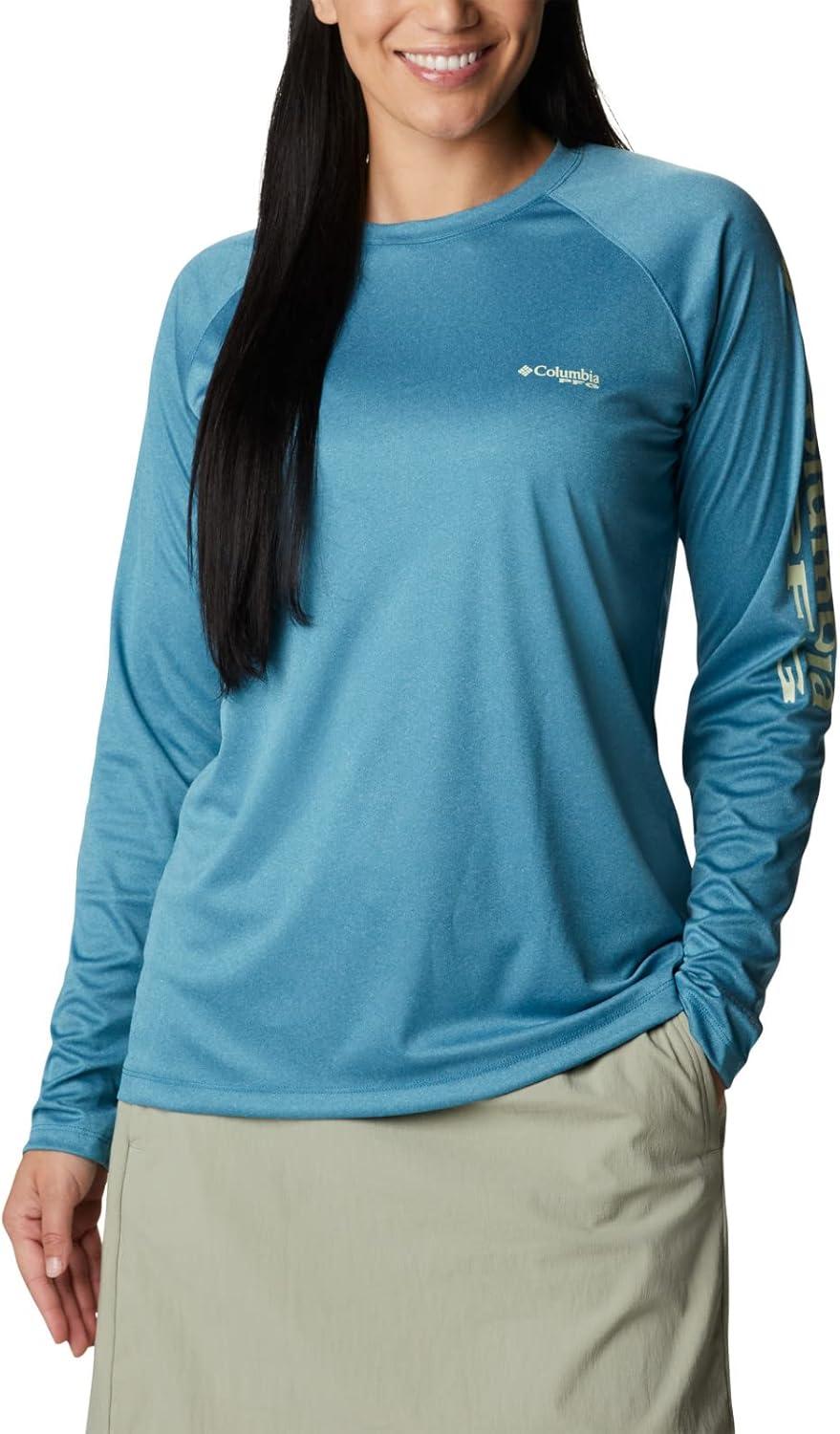 imageColumbia Womens Tidal Tee II Long Sleeve HoodieDeep Marine HeatherLight Lime Logo