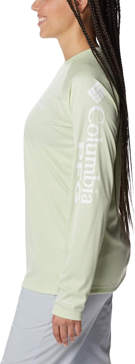 imageColumbia Womens Tidal Tee II Long Sleeve HoodieLight Lime HeatherWhite Logo