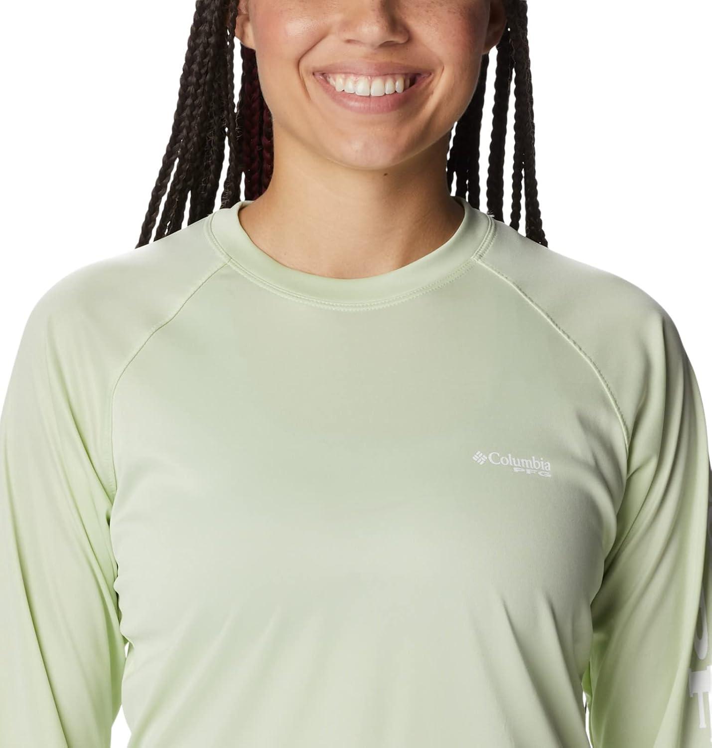 imageColumbia Womens Tidal Tee II Long Sleeve HoodieLight Lime HeatherWhite Logo