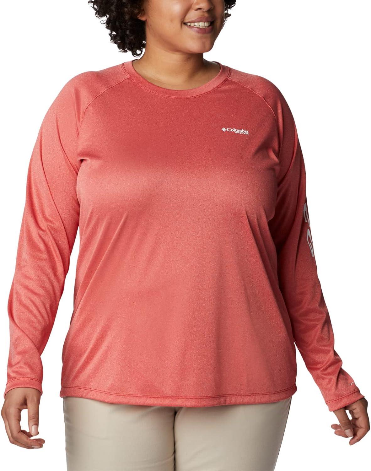 imageColumbia Womens Tidal Tee II Long Sleeve HoodieRed Spark HeatherWhite Logo