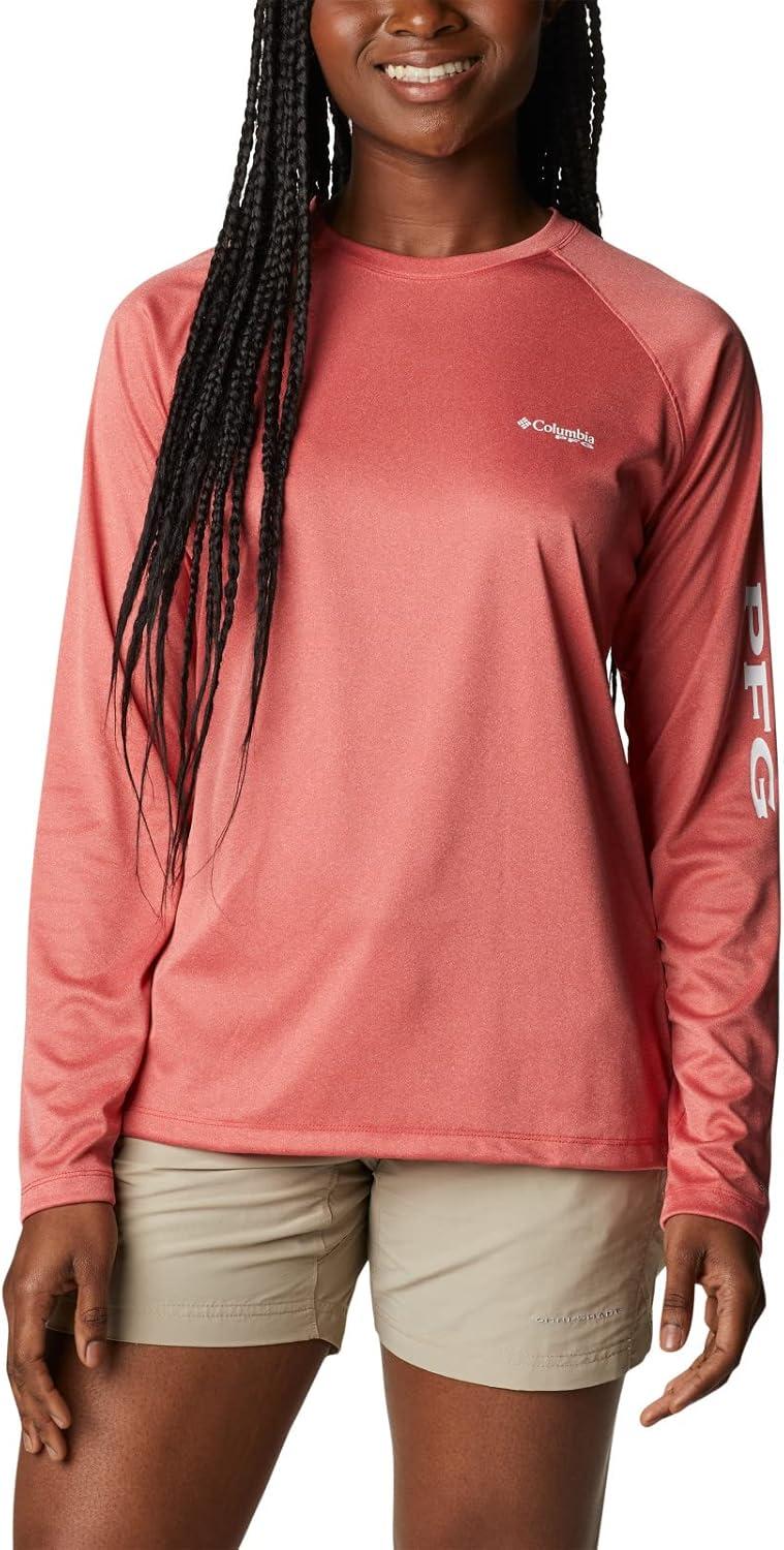 imageColumbia Womens Tidal Tee II Long Sleeve HoodieRed Spark HeatherWhite Logo
