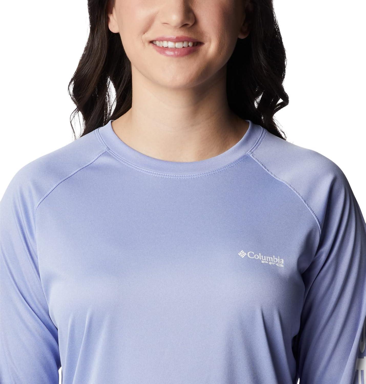imageColumbia Womens Tidal Tee II Long Sleeve HoodieSerenity HeatherWhite Logo