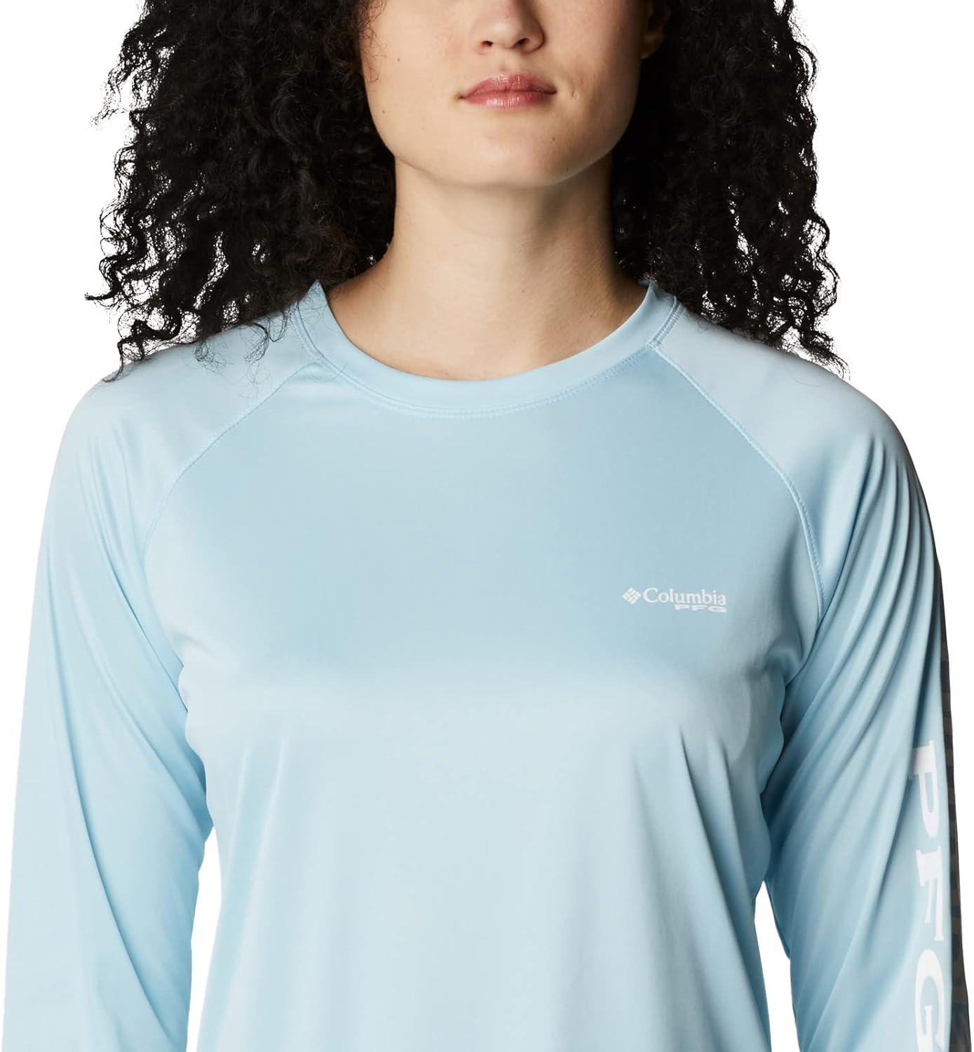 imageColumbia Womens Tidal Tee II Long Sleeve HoodieSpring Blue HeatherWhite Logo