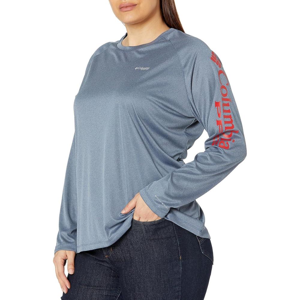 imageColumbia Womens Tidal Tee II Long Sleeve HoodieBright Nectar HeatherHarbor Blue Logo