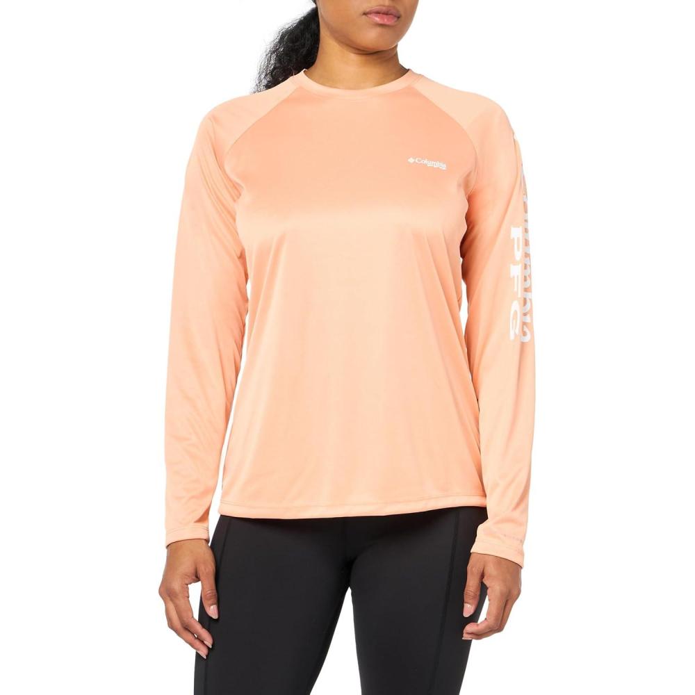 imageColumbia Womens Tidal Tee II Long Sleeve HoodieBright Nectar HeatherWhite Logo