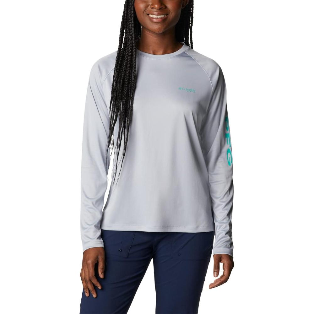 imageColumbia Womens Tidal Tee II Long Sleeve HoodieCirrus GreyElectric Turquoise Logo
