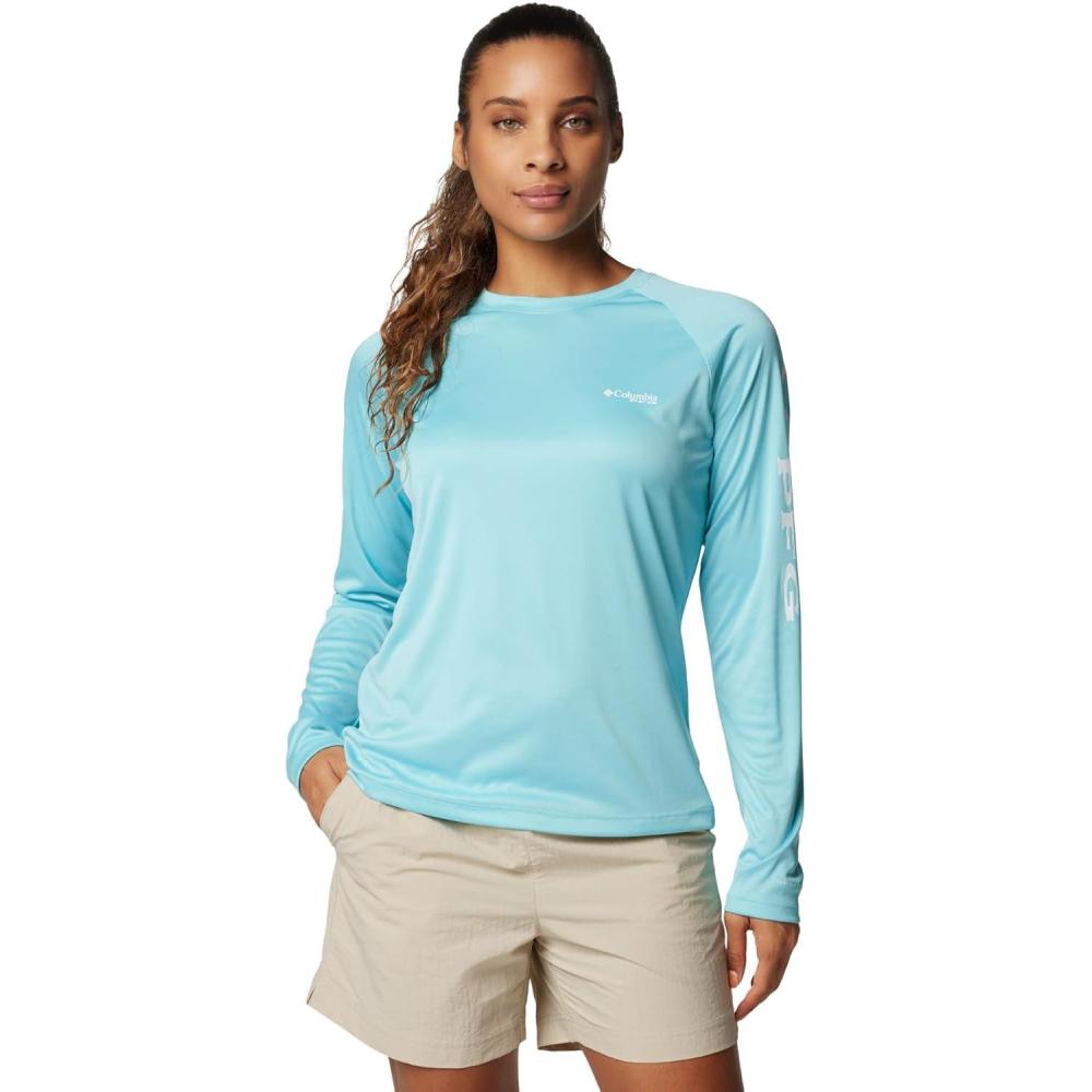 imageColumbia Womens Tidal Tee II Long Sleeve HoodieCocoa ButterSalmon Logo