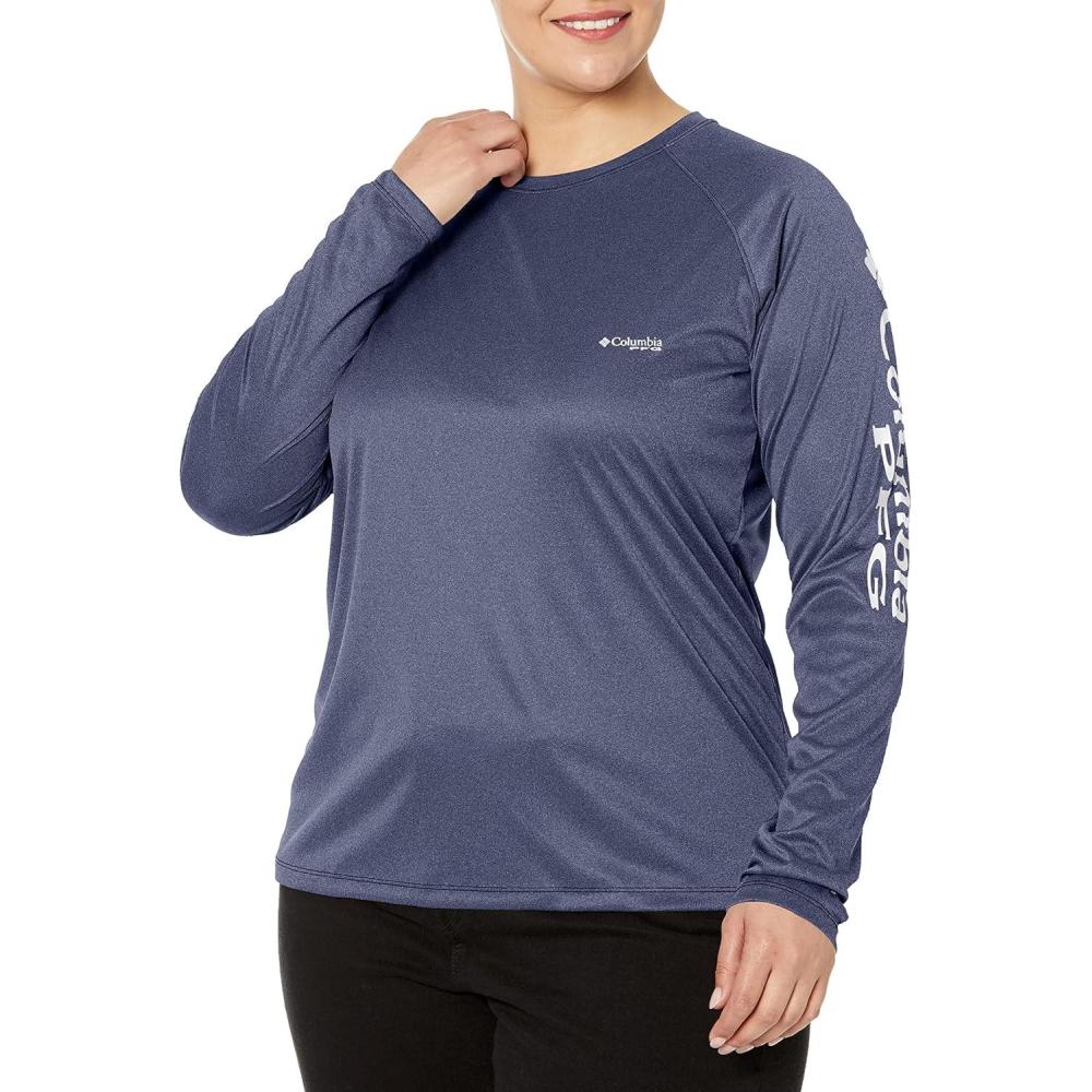 imageColumbia Womens Tidal Tee II Long Sleeve HoodieCollegiate Navy HeatherWhite Logo