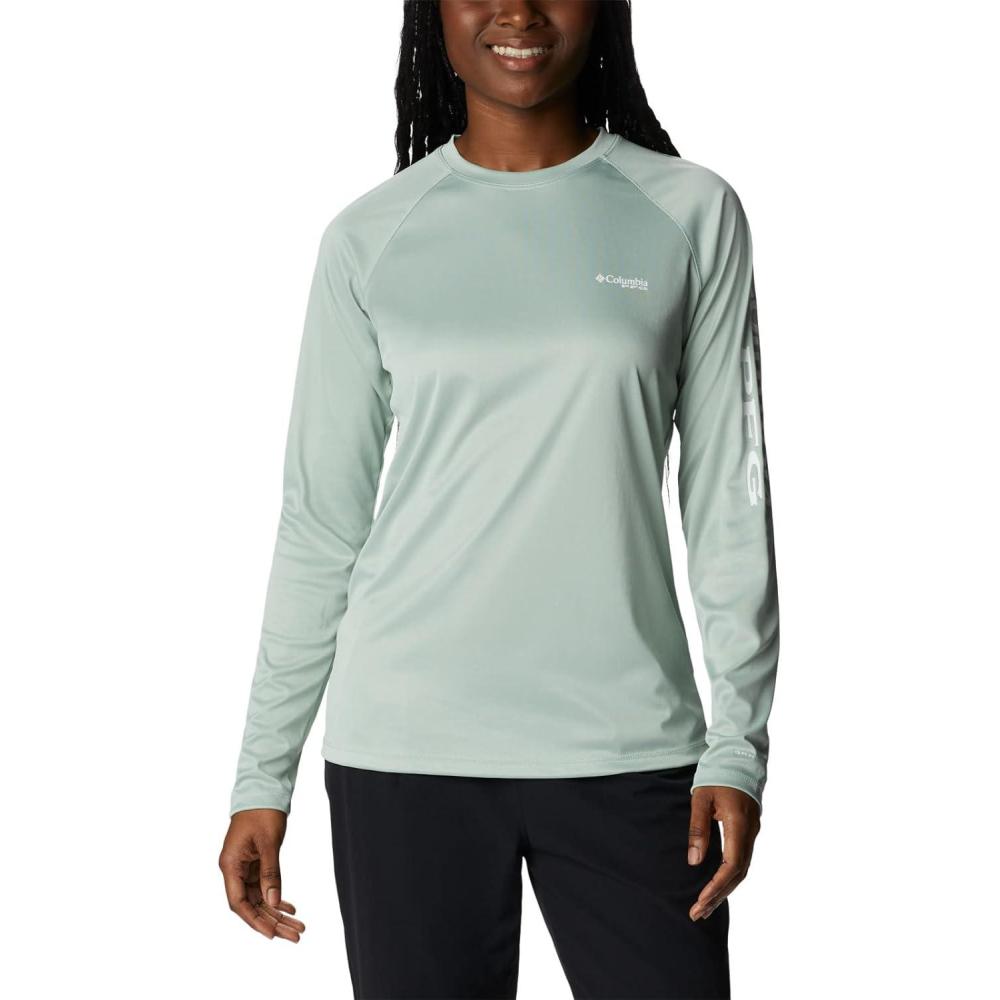 imageColumbia Womens Tidal Tee II Long Sleeve HoodieCool Green HeatherWhite Logo