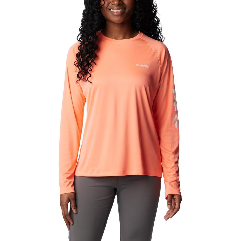 imageColumbia Womens Tidal Tee II Long Sleeve HoodieCoral Glow White Logo