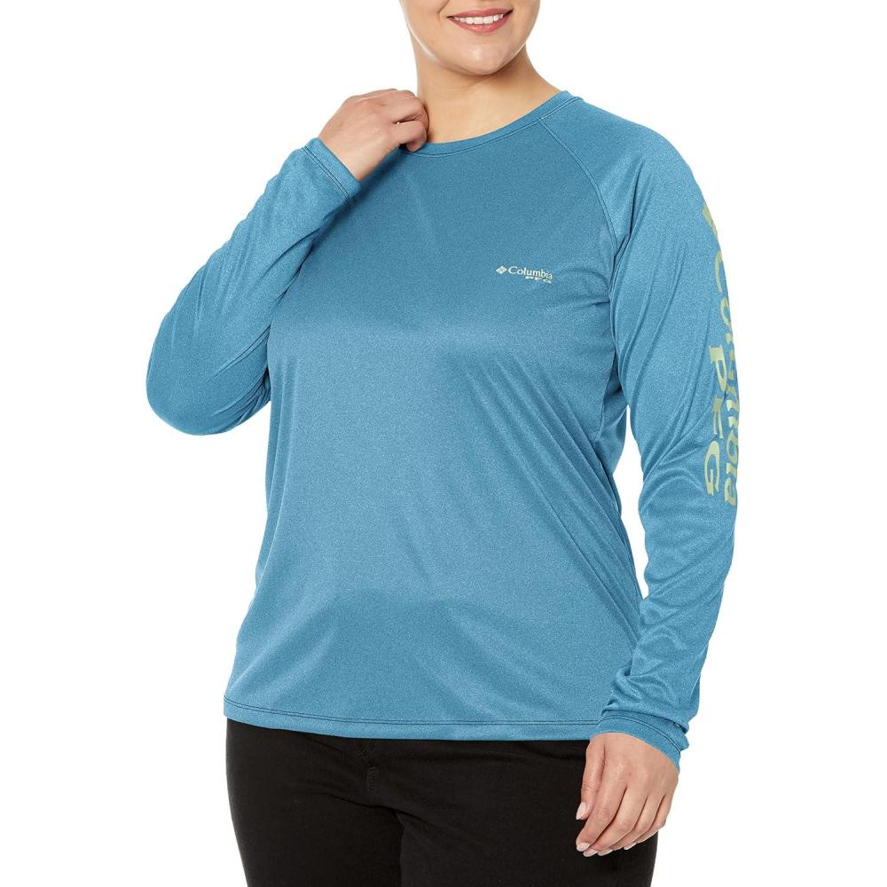 imageColumbia Womens Tidal Tee II Long Sleeve HoodieDeep Marine HeatherLight Lime Logo