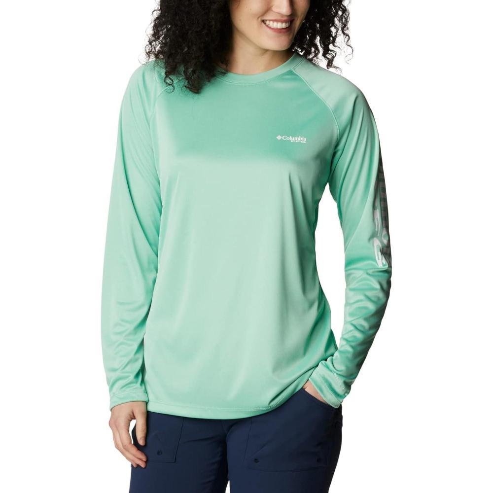 imageColumbia Womens Tidal Tee II Long Sleeve HoodieKelp HeatherWhite Logo
