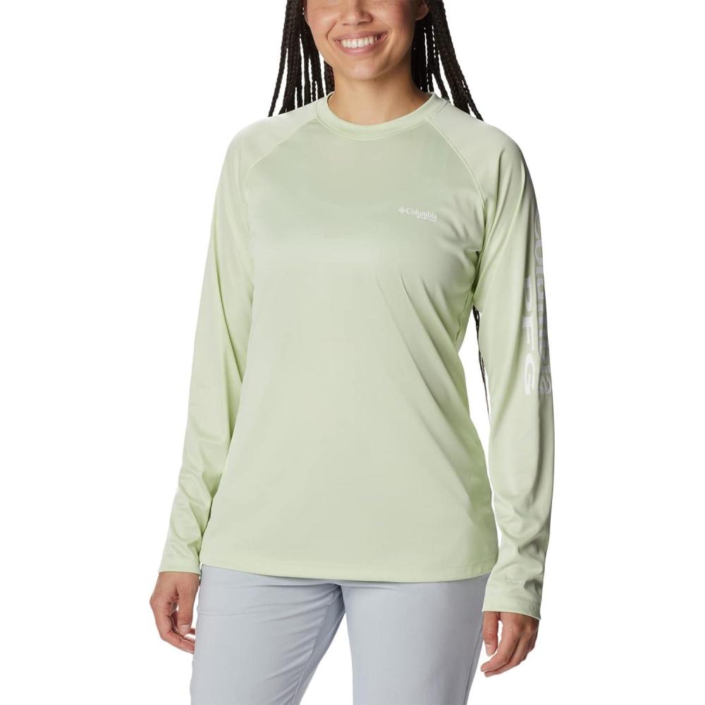 imageColumbia Womens Tidal Tee II Long Sleeve HoodieLight Lime HeatherWhite Logo