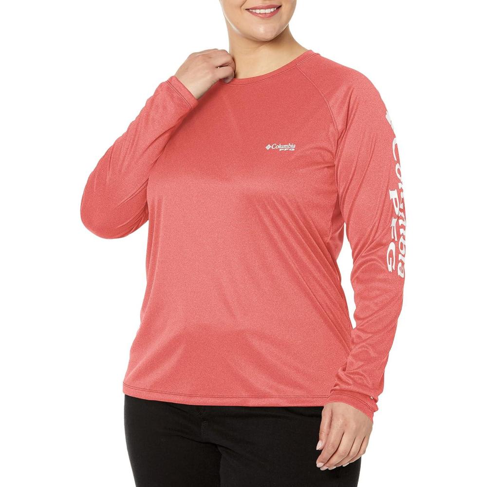 imageColumbia Womens Tidal Tee II Long Sleeve HoodieRed Hibiscus HeatherWhite Logo