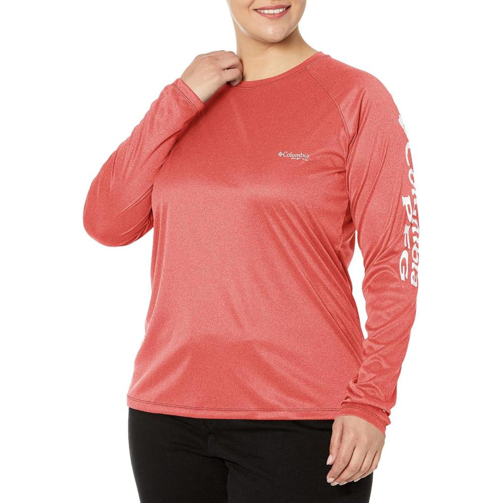 imageColumbia Womens Tidal Tee II Long Sleeve HoodieRed Spark HeatherWhite Logo