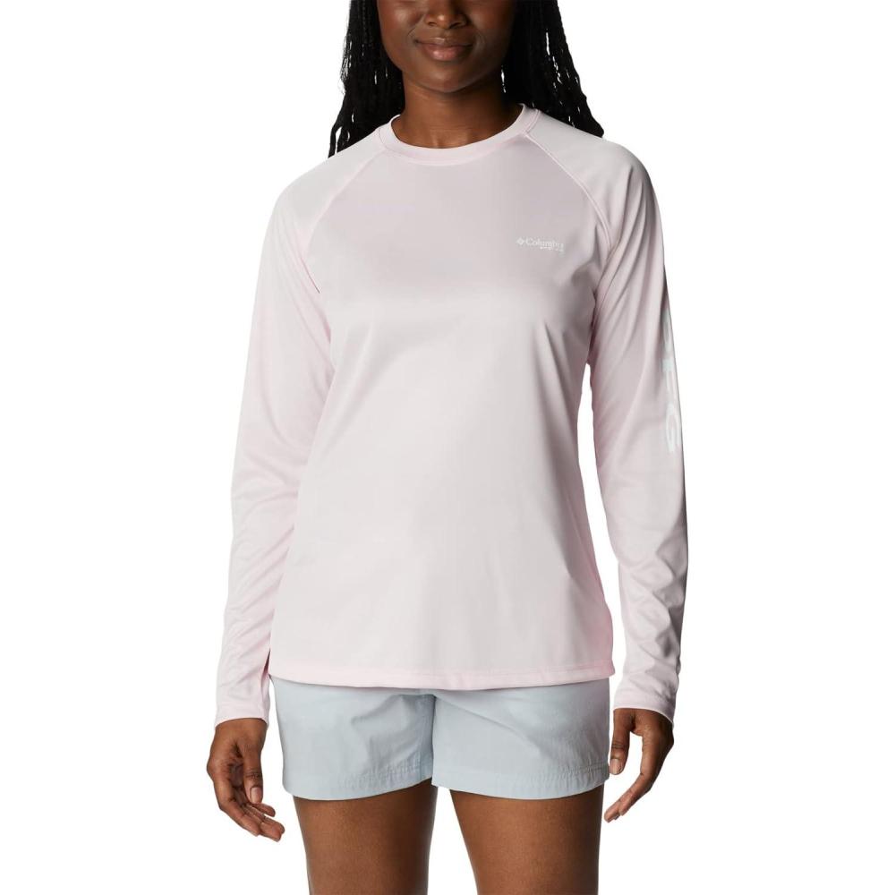 imageColumbia Womens Tidal Tee II Long Sleeve HoodieSatin Pink HeatherWhite Logo