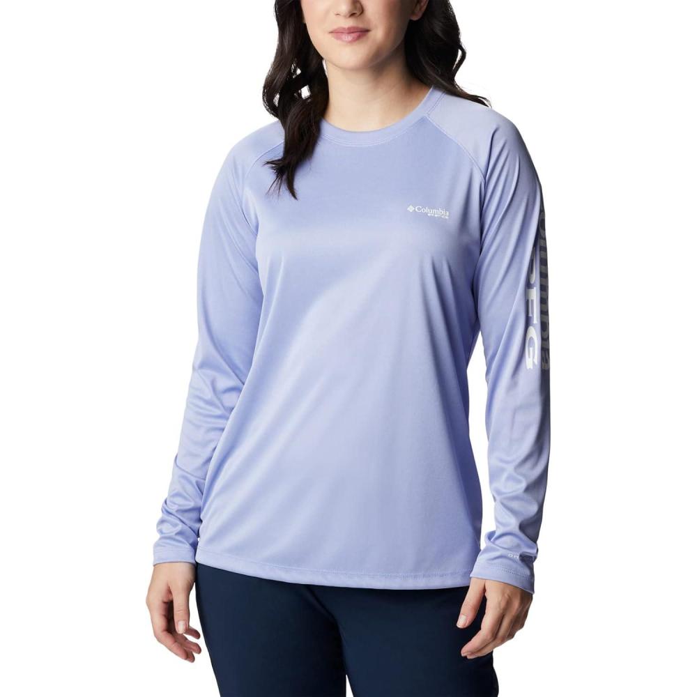 imageColumbia Womens Tidal Tee II Long Sleeve HoodieSerenity HeatherWhite Logo