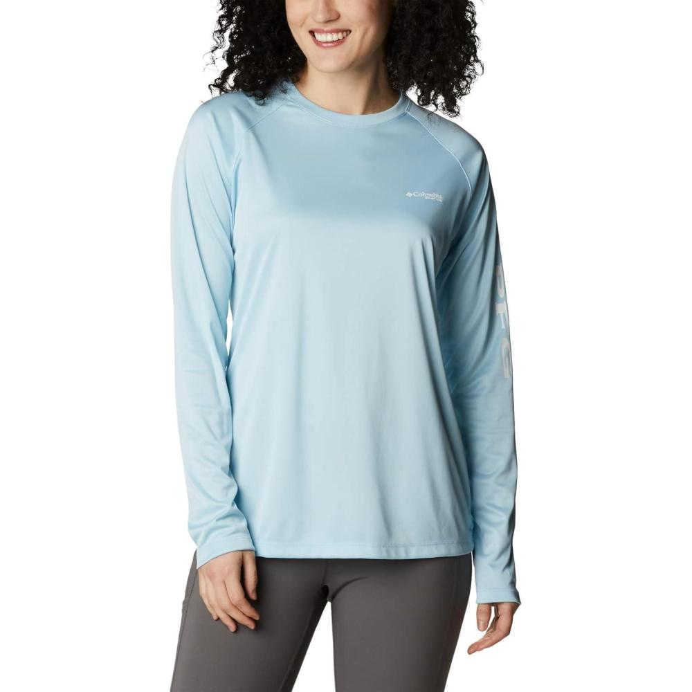 imageColumbia Womens Tidal Tee II Long Sleeve HoodieSpring Blue HeatherWhite Logo
