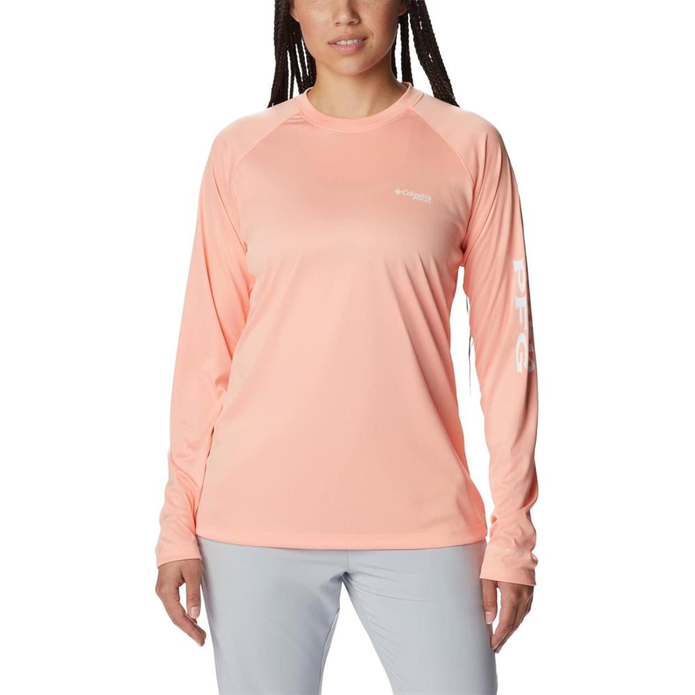 imageColumbia Womens Tidal Tee II Long Sleeve HoodieTiki Pink HeatherWhite Logo