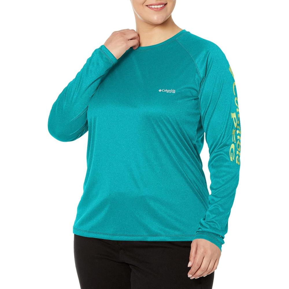 imageColumbia Womens Tidal Tee II Long Sleeve HoodieTropic Water HeatherLime Glow Logo