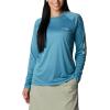 Columbia Women’s Tidal Tee II Long Sleeve Hoodie(Deep Marine Heather/Light Lime Logo)