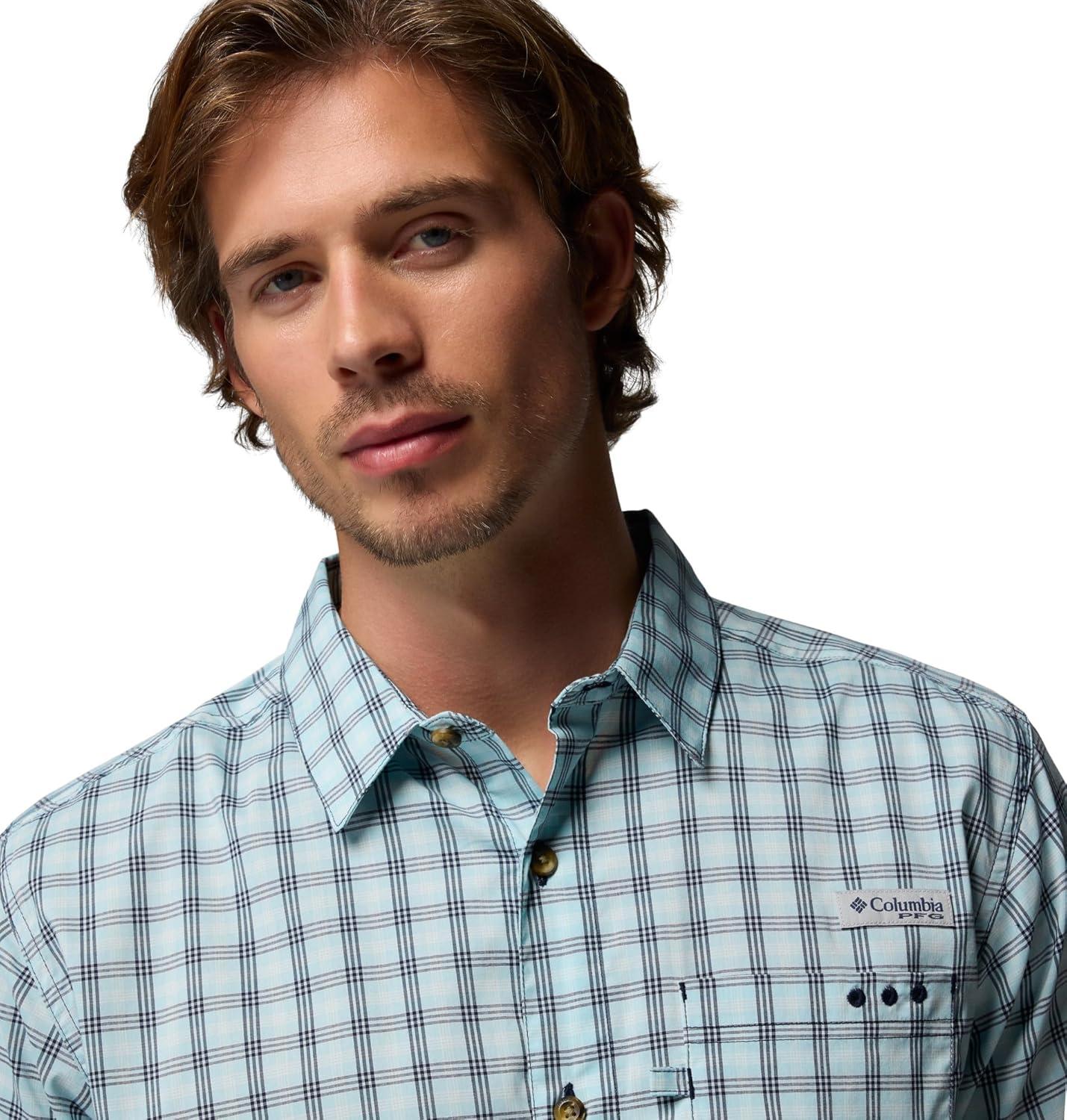 imageColumbia Mens PFG Harbor Peak Short Sleeve ShirtCollegiate Navy Driftnet Plaid
