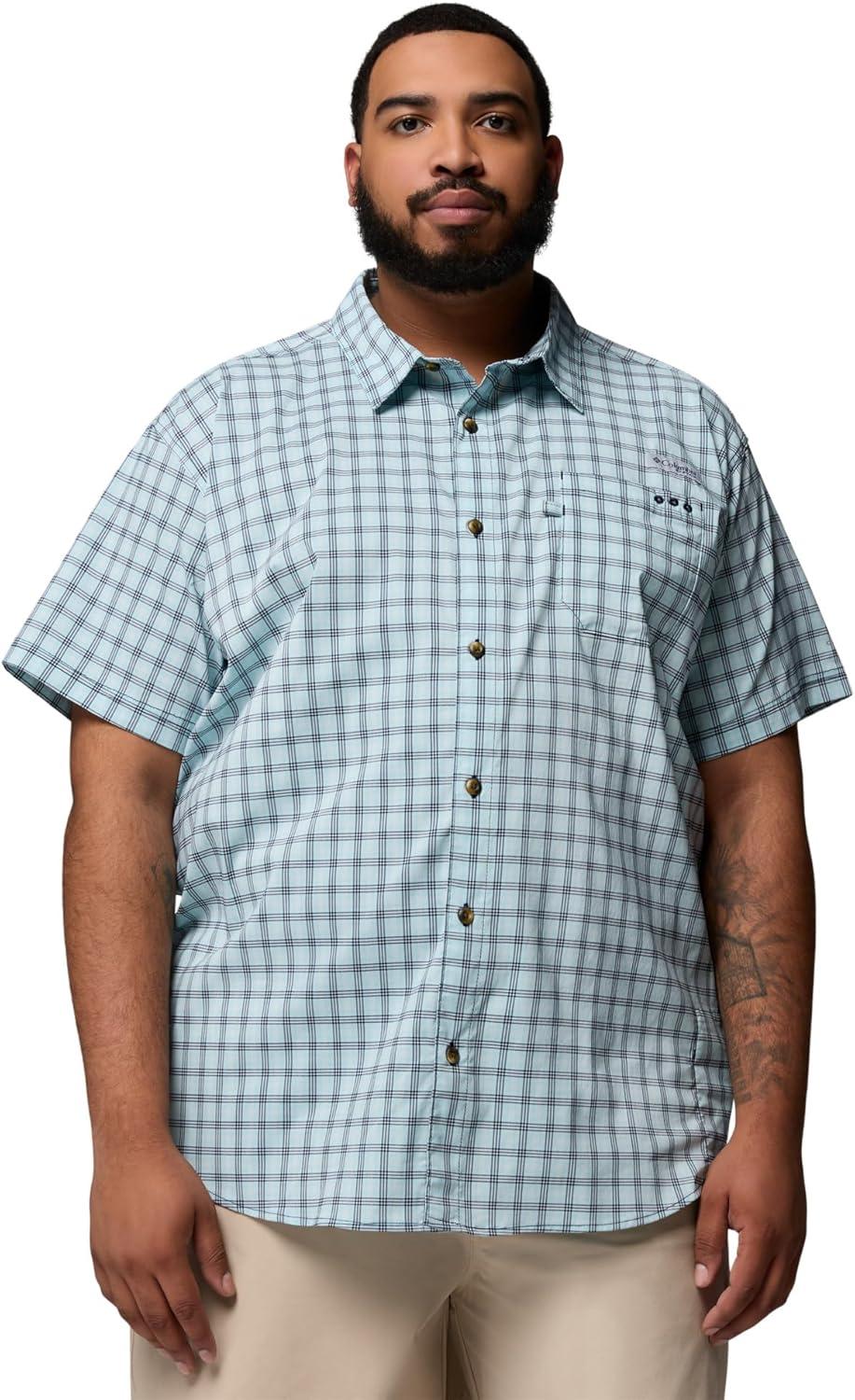 imageColumbia Mens PFG Harbor Peak Short Sleeve ShirtCollegiate Navy Driftnet Plaid