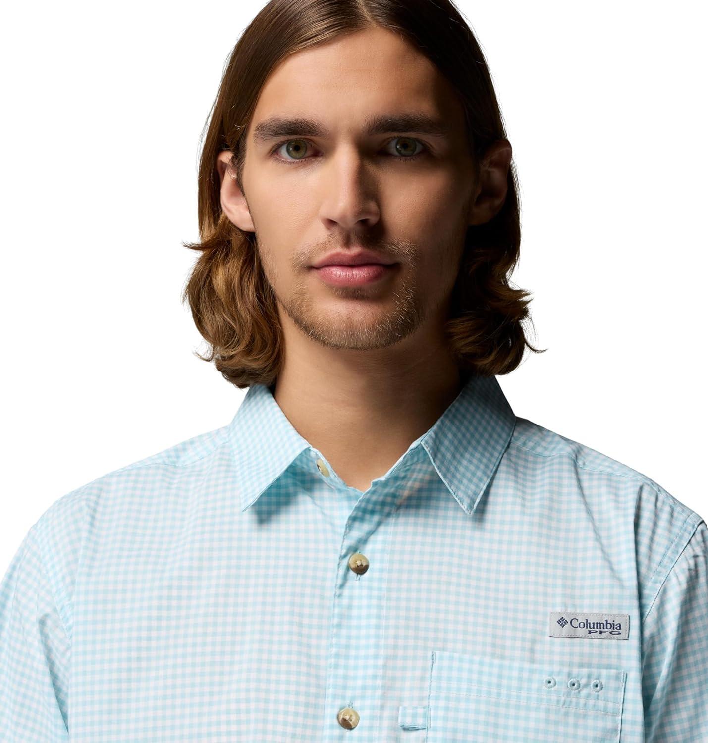 imageColumbia Mens PFG Harbor Peak Short Sleeve ShirtMarine Light Micro Gingham