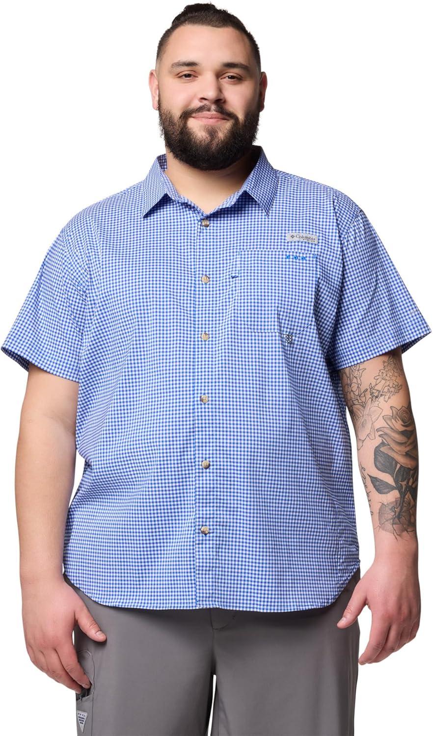 imageColumbia Mens PFG Harbor Peak Short Sleeve ShirtVivid Blue Gingham