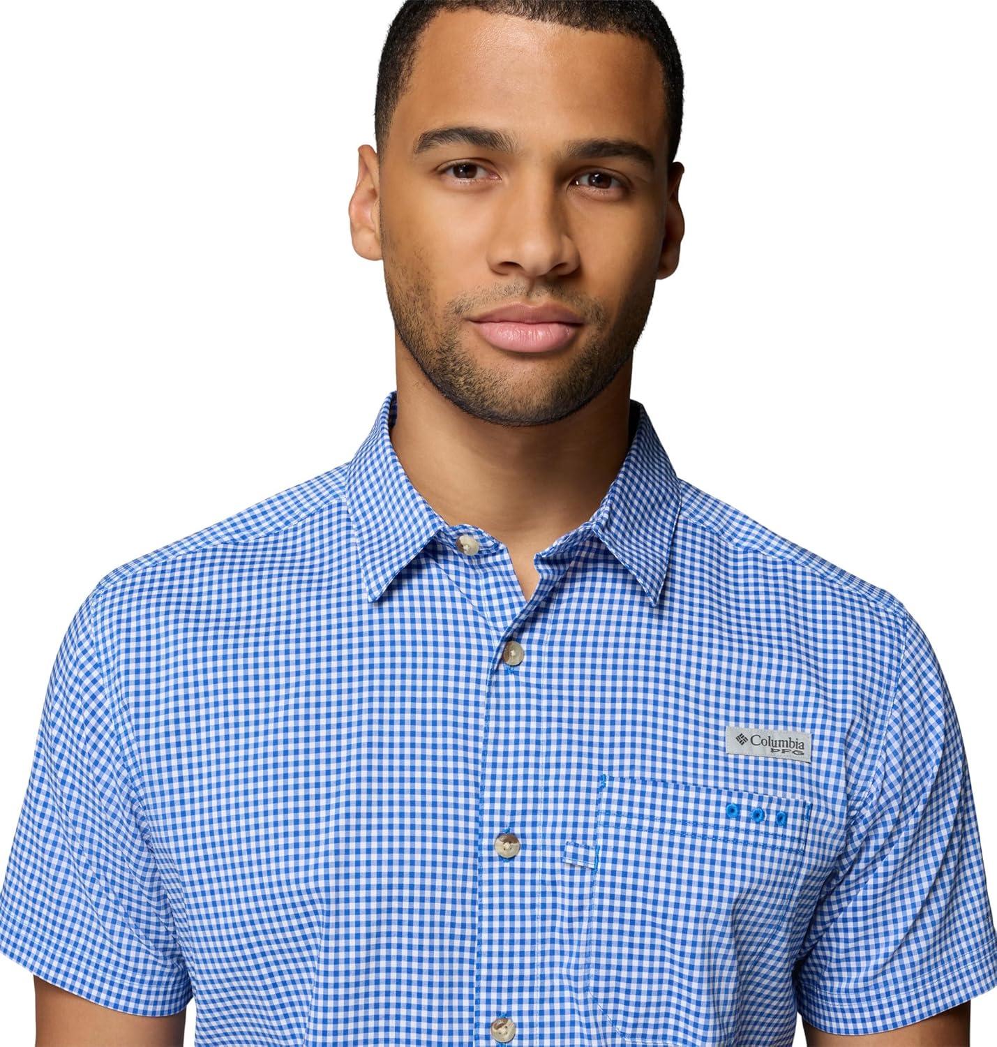 imageColumbia Mens PFG Harbor Peak Short Sleeve ShirtVivid Blue Gingham