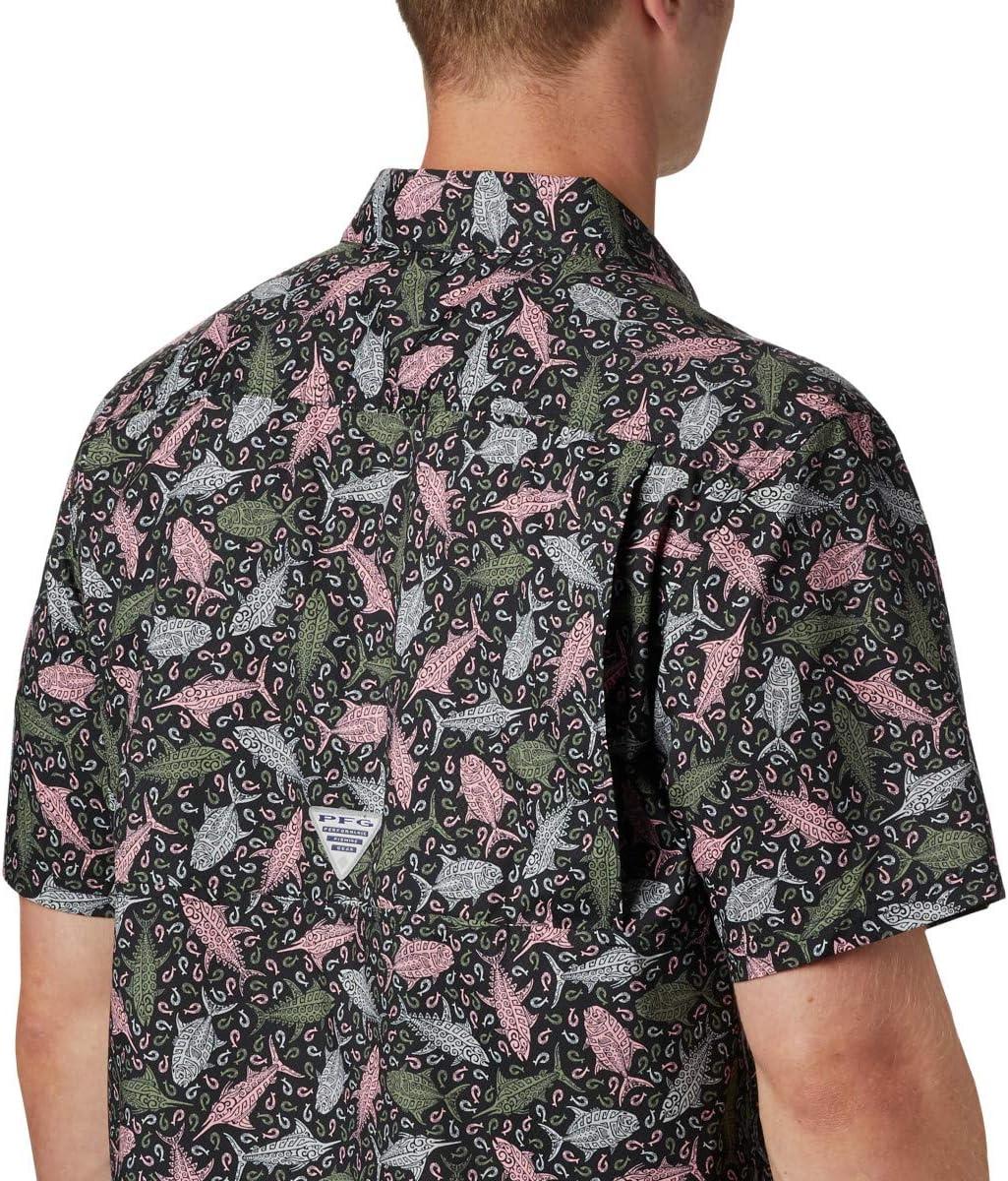 imageColumbia Mens Super Slack Tide Camp Shirt Short SleeveBlack Tribal Fish Print