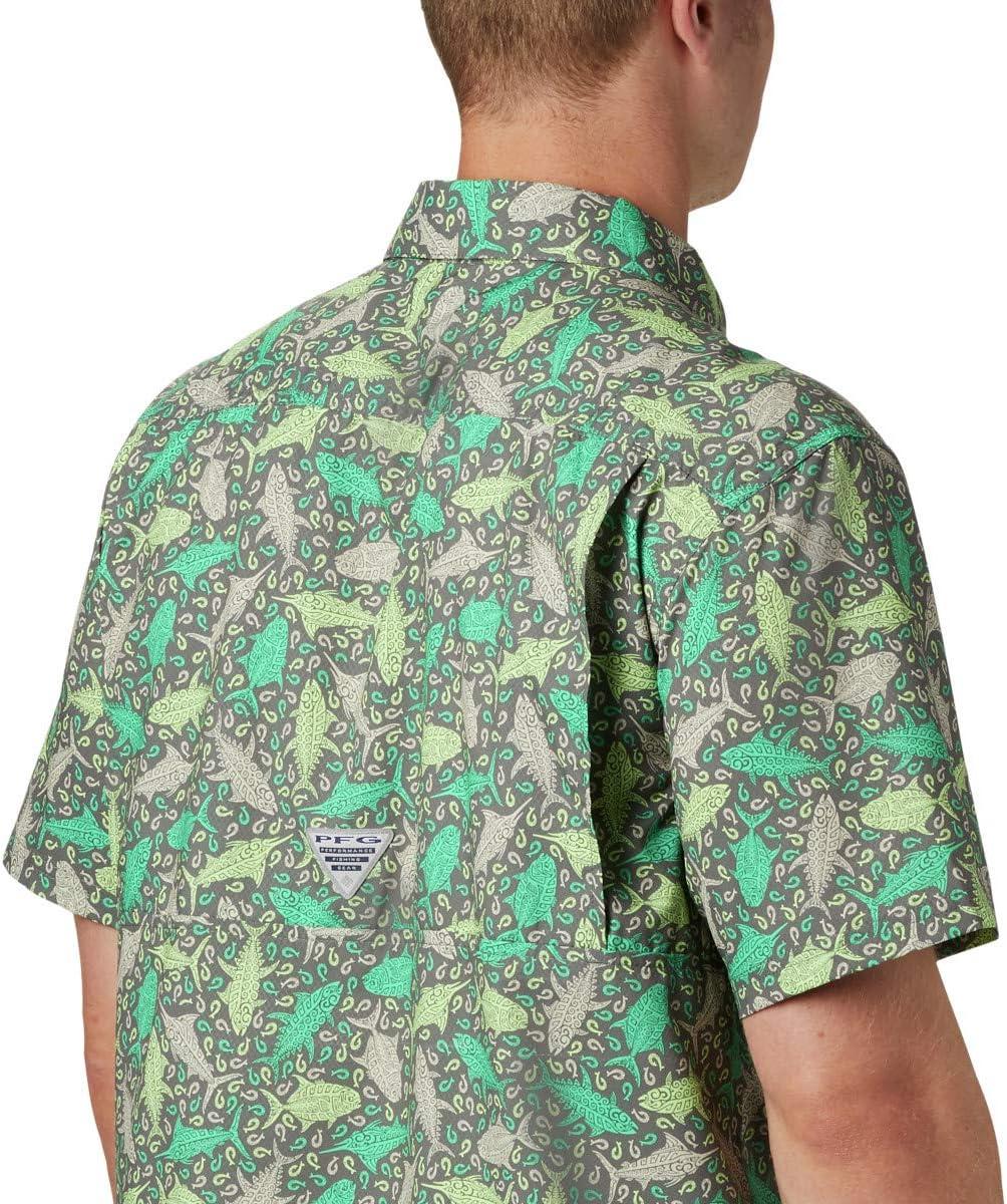 imageColumbia Mens Super Slack Tide Camp Shirt Short SleeveCity Grey Tribal Fish Print