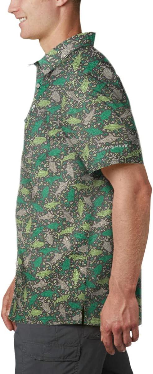 imageColumbia Mens Super Slack Tide Camp Shirt Short SleeveCity Grey Tribal Fish Print