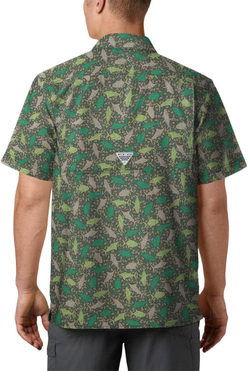 imageColumbia Mens Super Slack Tide Camp Shirt Short SleeveCity Grey Tribal Fish Print