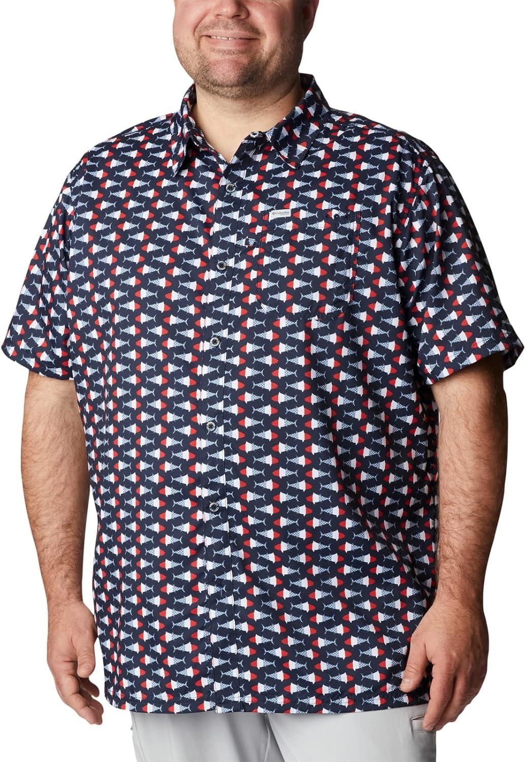 imageColumbia Mens Super Slack Tide Camp Shirt Short SleeveCollegiate Navy Fish Bobber Print