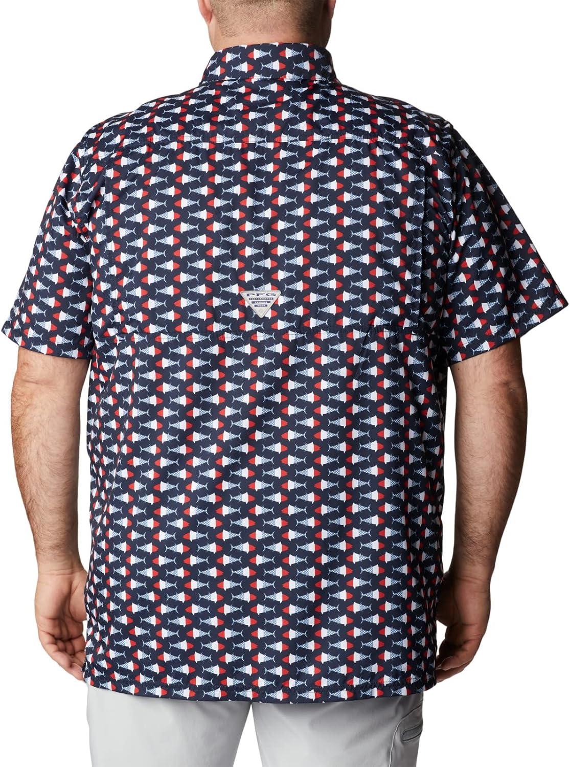 imageColumbia Mens Super Slack Tide Camp Shirt Short SleeveCollegiate Navy Fish Bobber Print