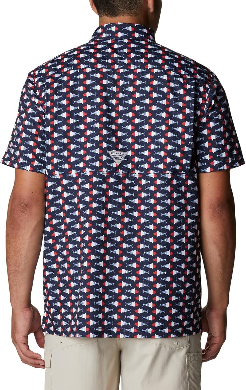 imageColumbia Mens Super Slack Tide Camp Shirt Short SleeveCollegiate Navy Fish Bobber Print