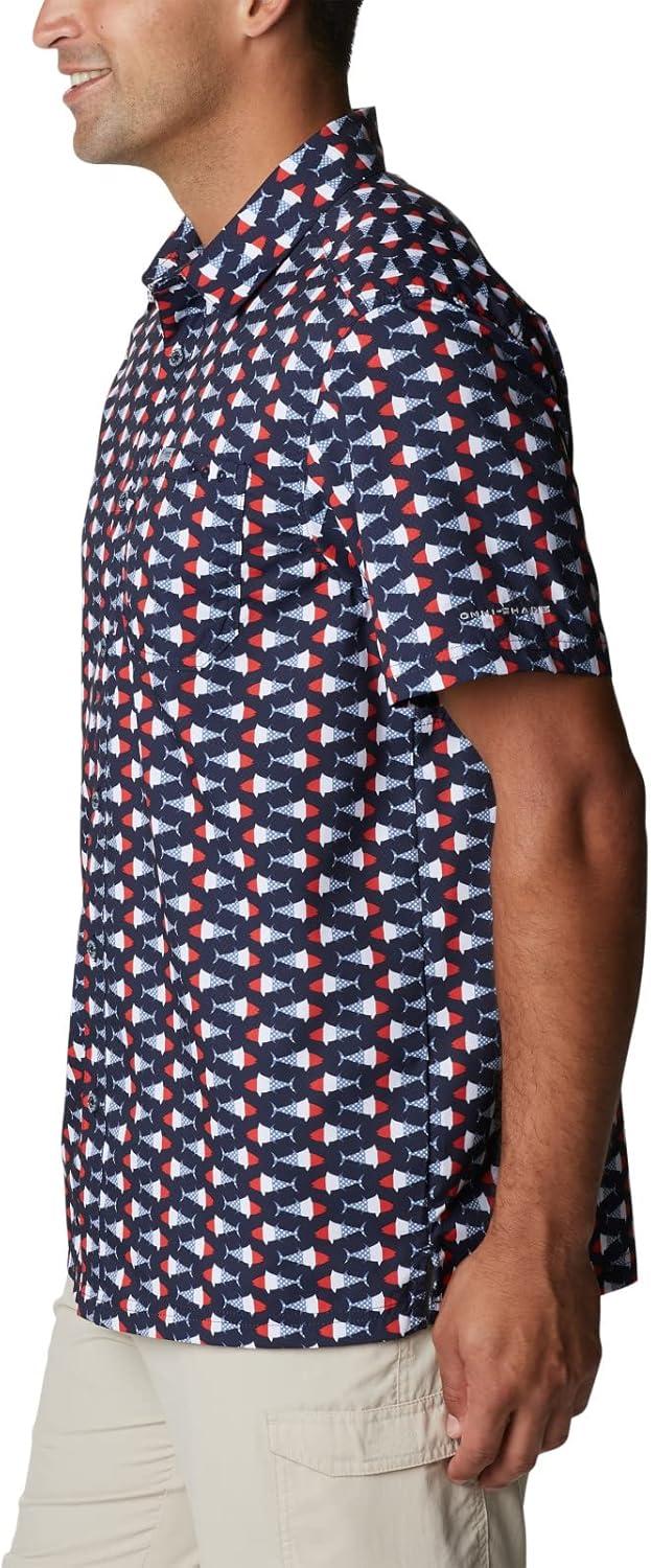 imageColumbia Mens Super Slack Tide Camp Shirt Short SleeveCollegiate Navy Fish Bobber Print